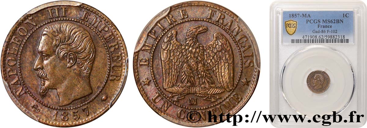 Un centime Napoléon III, tête nue 1857 Marseille F.102/37 SUP62 PCGS