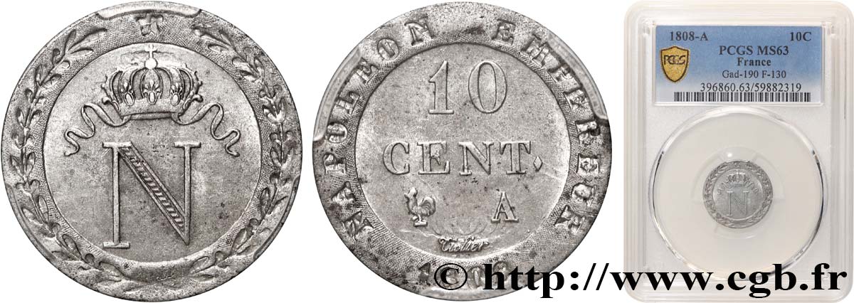 10 cent. à l N couronnée 1808 Paris F.130/2 SC63 PCGS