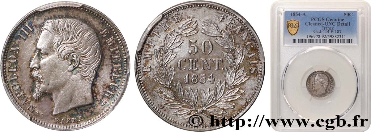 50 centimes Napoléon III, tête nue 1854 Paris F.187/2 SPL+ PCGS