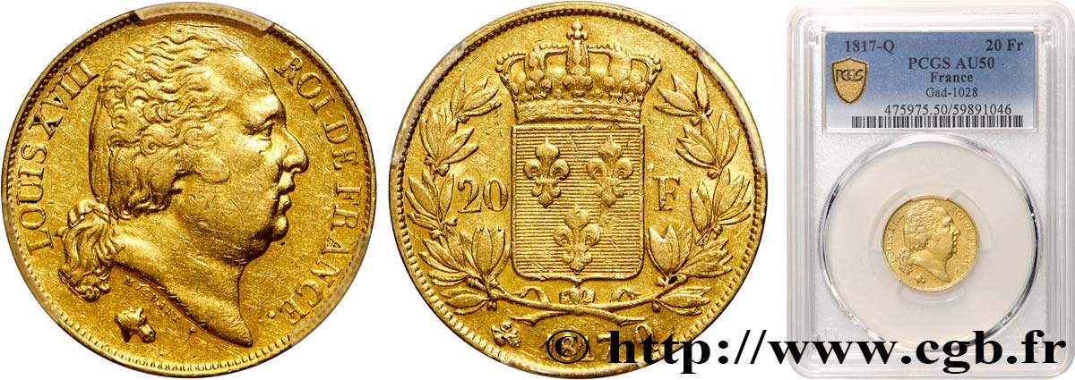 20 francs or Louis XVIII, tête nue 1817 Perpignan F.519/8 SS50 PCGS