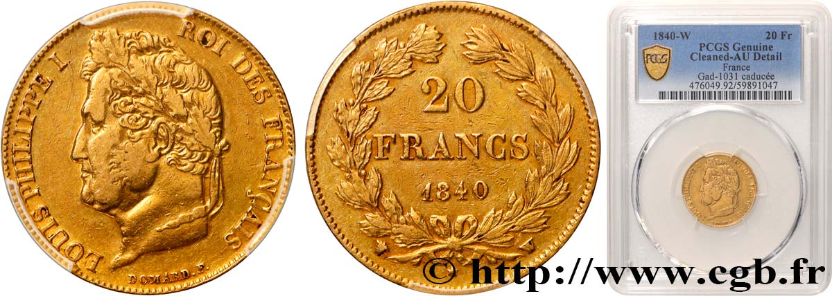 20 francs or Louis-Philippe, Domard 1840 Lille F.527/23 AU PCGS