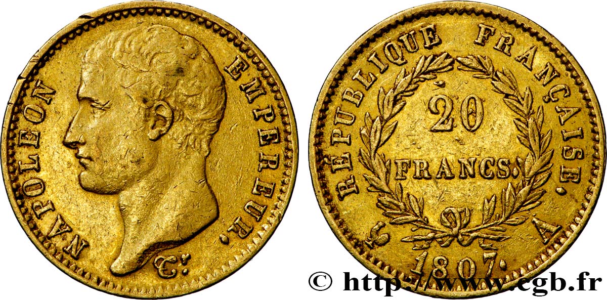 20 francs or Napoléon tête nue, type transitoire 1807 Paris F.514/1 TTB 