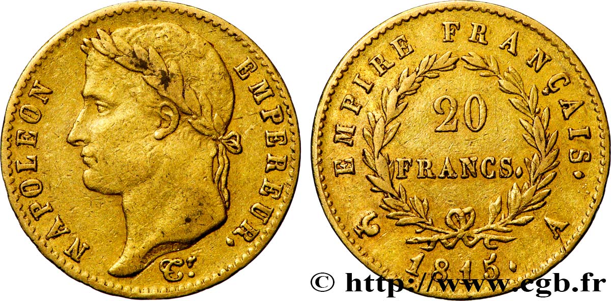 20 francs or Napoléon, tête laurée, Empire français 1815 Paris F.516A/1 VF 