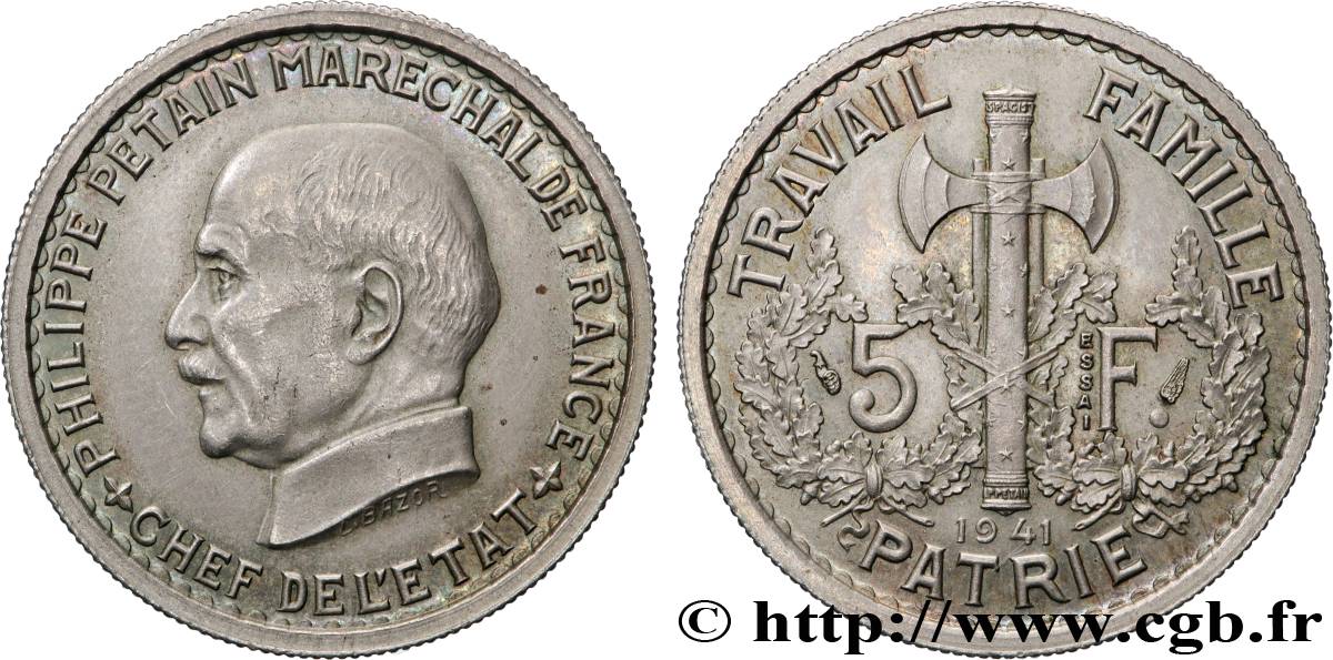 Essai de 5 francs Pétain en bronze-nickelé, 1er projet de Bazor 1941 Paris GEM. 142 17 MS62 