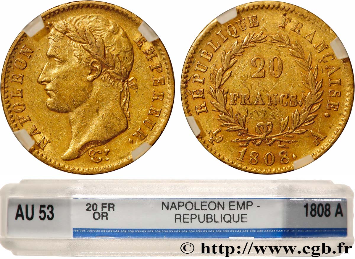 20 francs or Napoléon tête laurée, République française 1808 Paris F.515/2 AU53 GENI