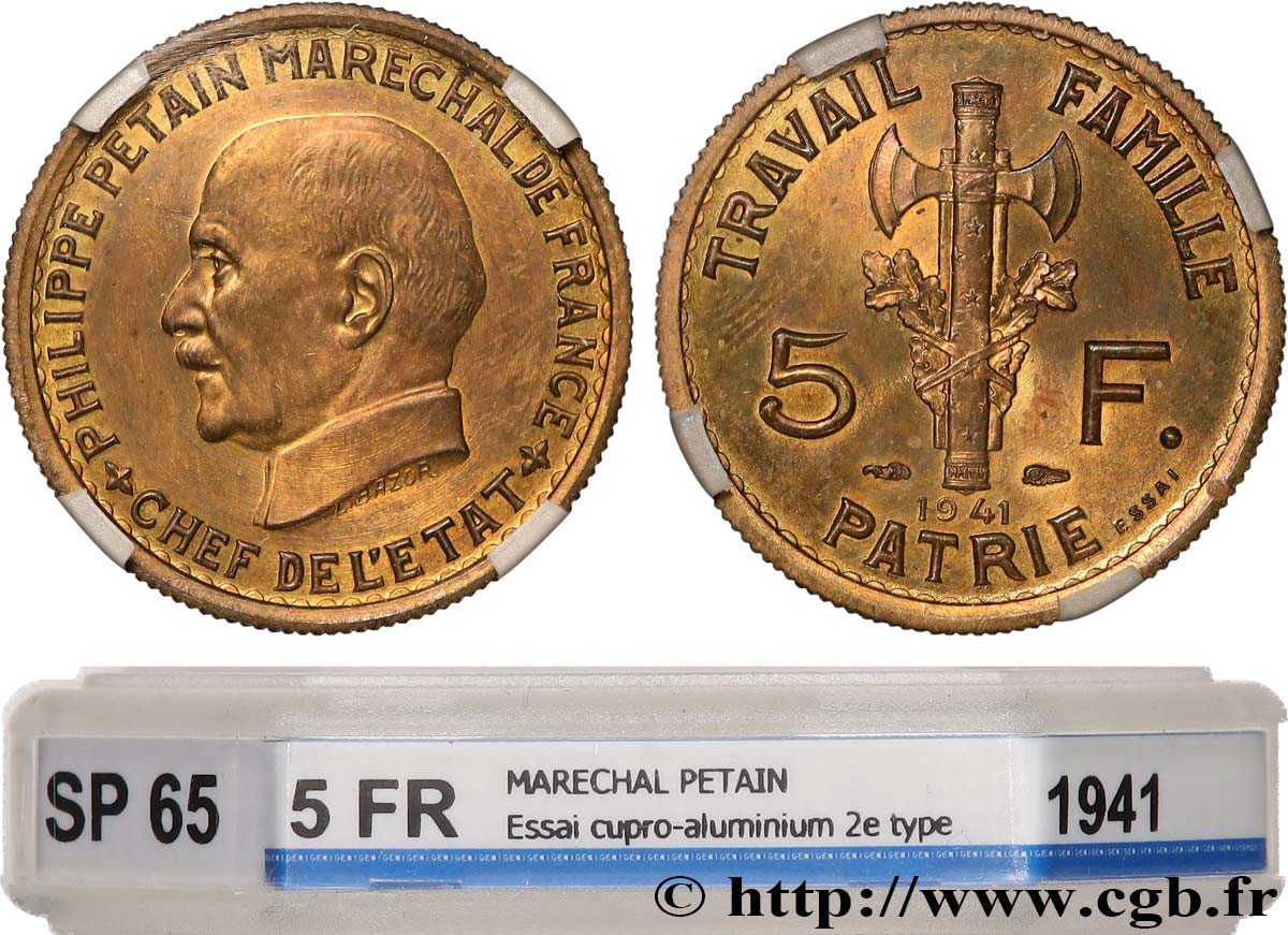 Essai de 5 francs Pétain en Cupro-Aluminium, 2e projet de Bazor 1941 Paris GEM.142 - var. FDC65 GENI