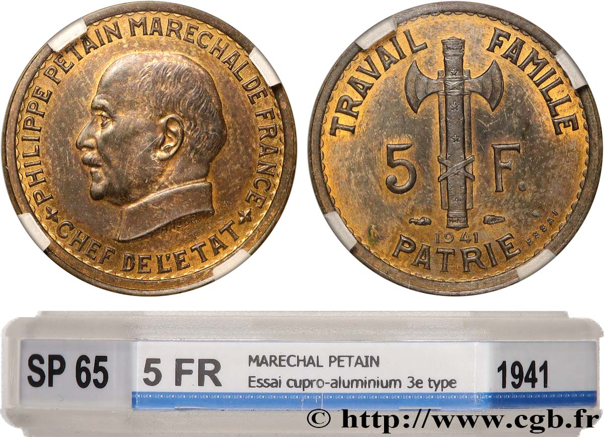Essai de 5 francs Pétain en cupro-aluminium, 3e projet de Bazor, petit 5 1941 Paris GEM.142 56 FDC65 GENI