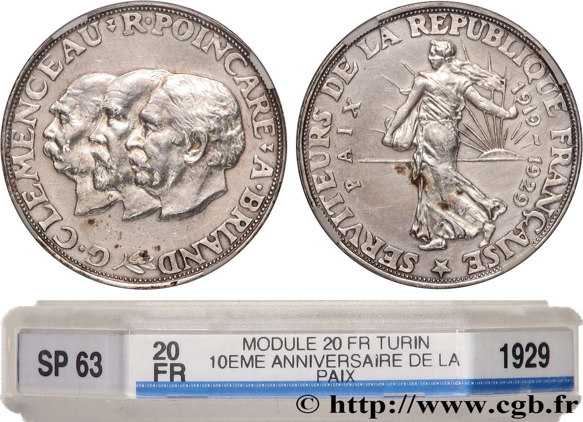 Module de 20 francs argent, 10e anniversaire de la Paix 1929 Paris GEM.254 1 MS63 GENI