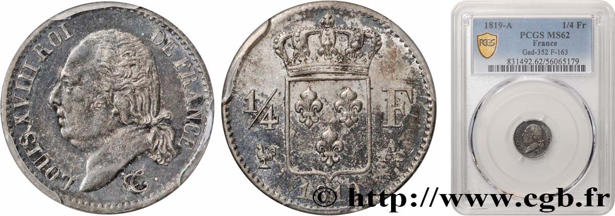 1/4 franc Louis XVIII 1819 Paris F.163/15 MS62 PCGS