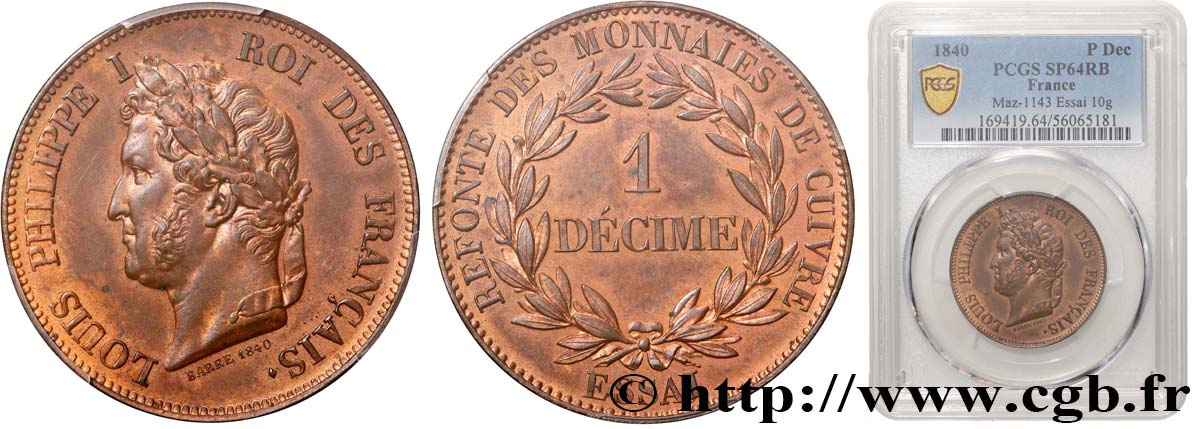 Essai de 1 décime en cuivre, poids léger 1840 Paris VG.2915  MS64 PCGS