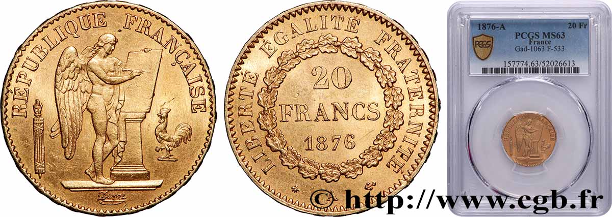 20 francs génie, Troisième république 1876 Paris F.533/4 SPL63 PCGS