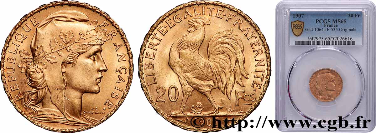 20 francs or Coq, Liberté Égalité Fraternité 1907 Paris F.535/1 FDC65 PCGS