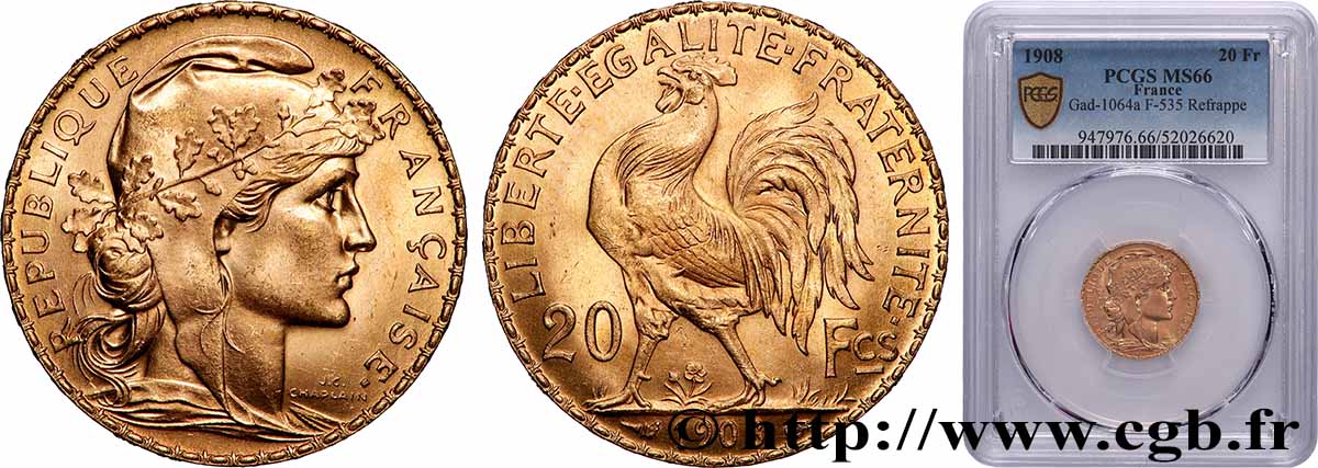20 francs or Coq, Liberté Égalité Fraternité 1908 Paris F.535/2 ST66 PCGS