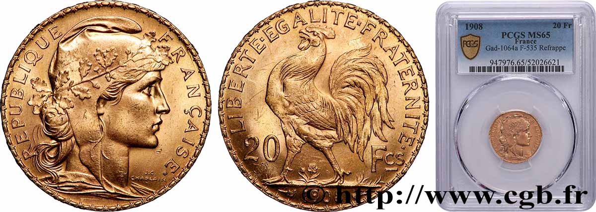 20 francs or Coq, Liberté Égalité Fraternité 1908 Paris F.535/2 FDC65 PCGS