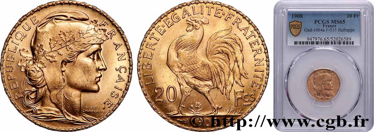 20 francs or Coq, Liberté Égalité Fraternité 1908 Paris F.535/2 FDC65 PCGS