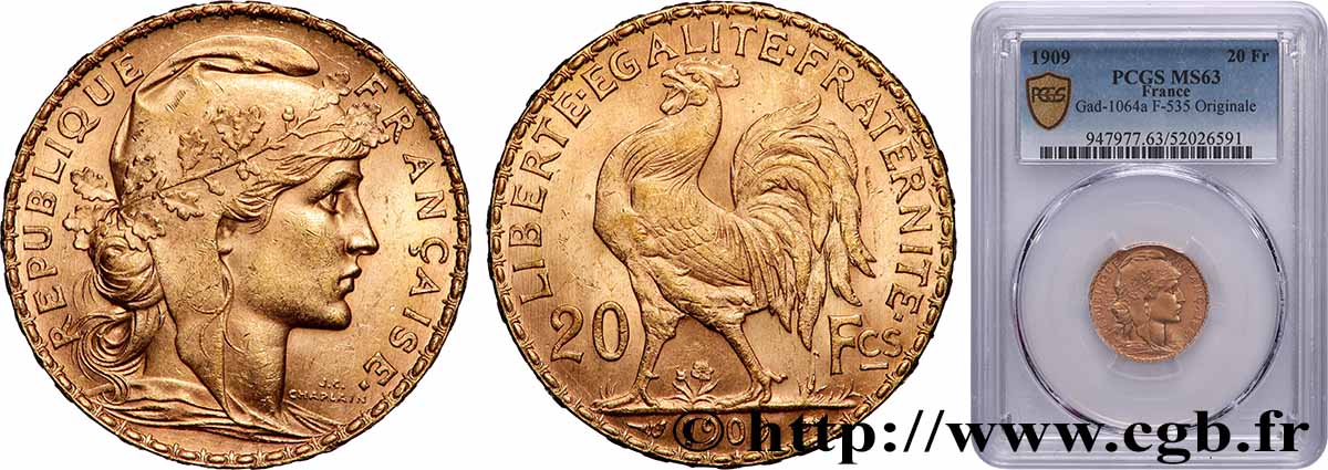 20 francs or Coq, Liberté Égalité Fraternité 1909 Paris F.535/3 SPL63 PCGS