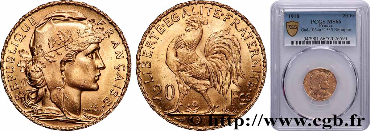 20 francs or Coq, Liberté Égalité Fraternité 1910 Paris F.535/4 ST66 PCGS