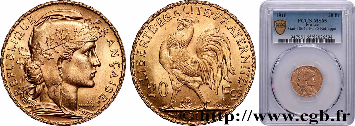 20 francs or Coq, Liberté Égalité Fraternité 1910 Paris F.535/4 FDC65 PCGS