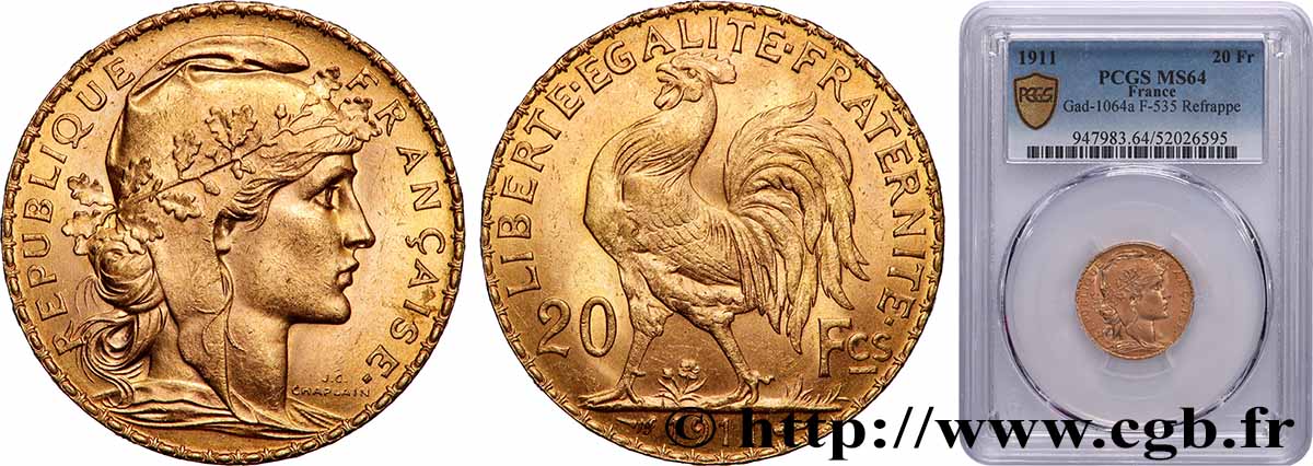 20 francs or Coq, Liberté Égalité Fraternité 1911 Paris F.535/5 fST64 PCGS