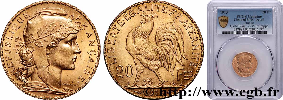 20 francs or Coq, Liberté Égalité Fraternité 1913 Paris F.535/7 VZ+ PCGS