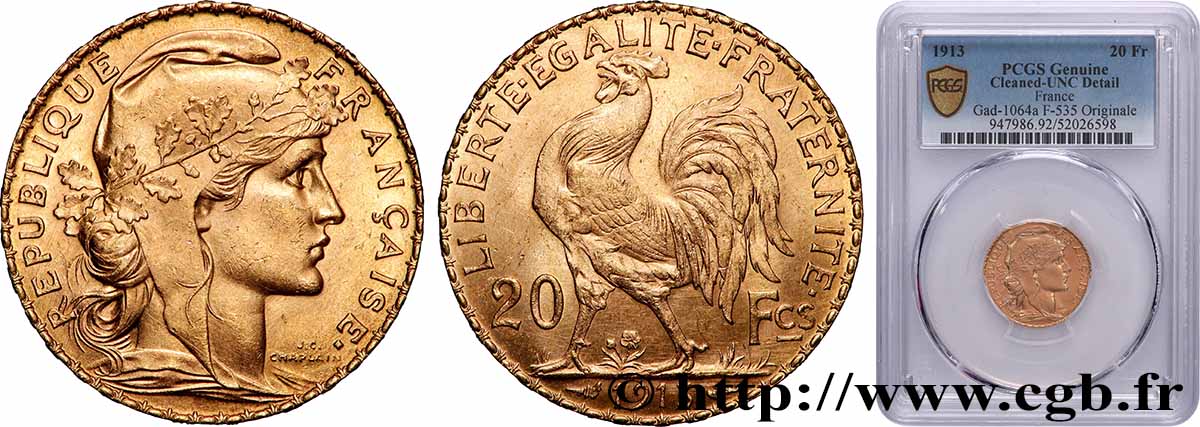 20 francs or Coq, Liberté Égalité Fraternité 1913 Paris F.535/7 SUP+ PCGS