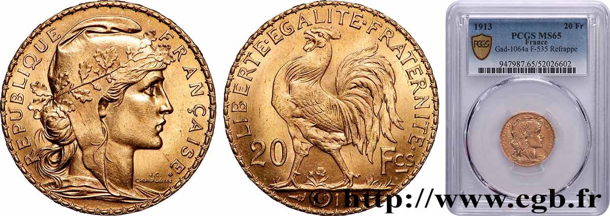 20 francs or Coq, Liberté Égalité Fraternité 1913 Paris F.535/7 ST65 PCGS
