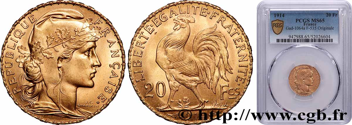 20 francs or Coq, Liberté Égalité Fraternité 1914 Paris F.535/8 FDC65 PCGS