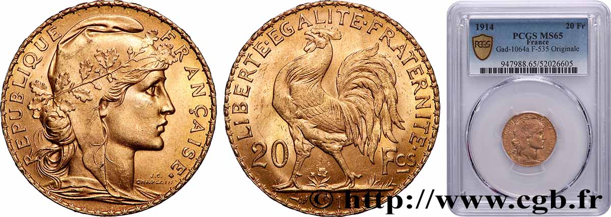 20 francs or Coq, Liberté Égalité Fraternité 1914 Paris F.535/8 FDC65 PCGS