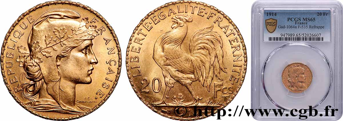 20 francs or Coq, Liberté Égalité Fraternité 1914 Paris F.535/8 FDC65 PCGS