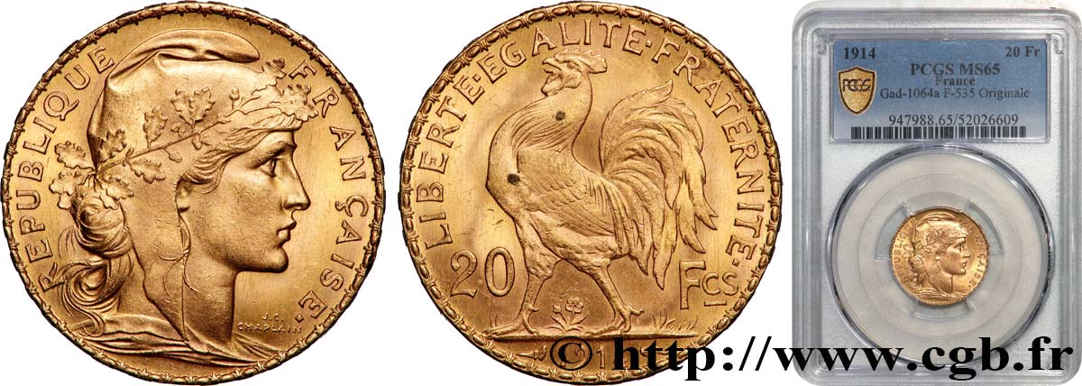 20 francs or Coq, Liberté Égalité Fraternité 1914 Paris F.535/8 FDC65 PCGS