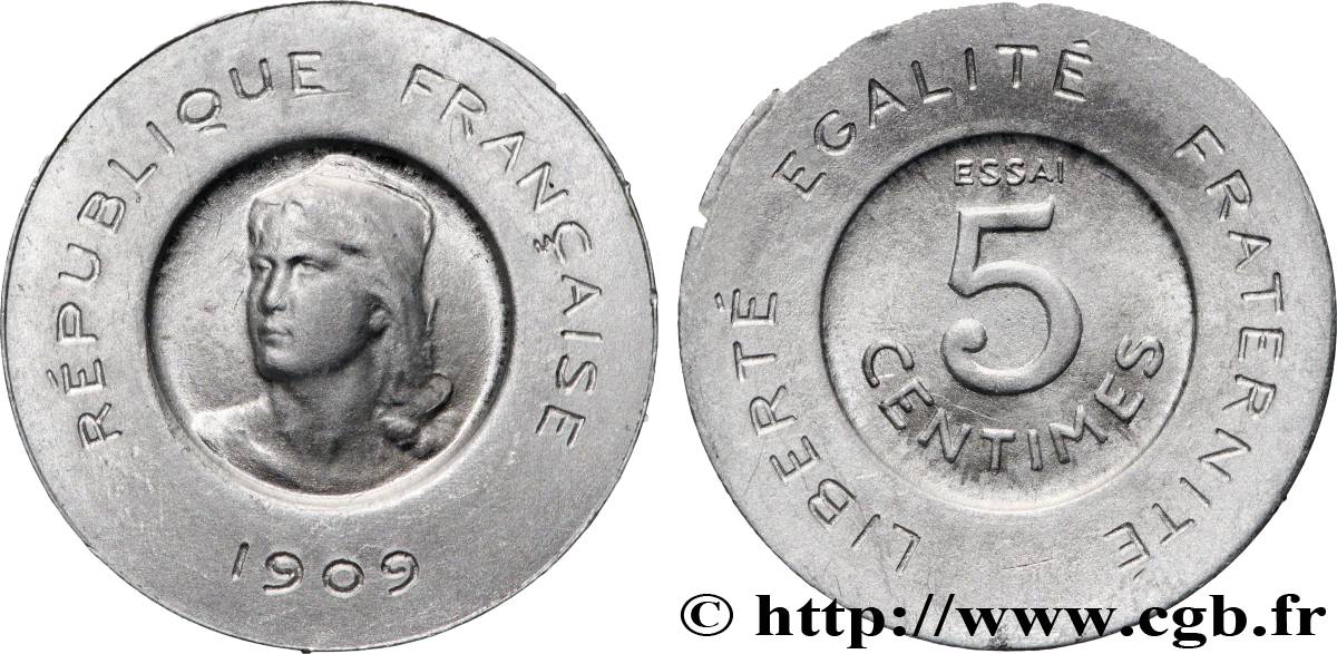 Essai de 5 centimes Rude en aluminium 1909 Paris GEM.15 8 MS 
