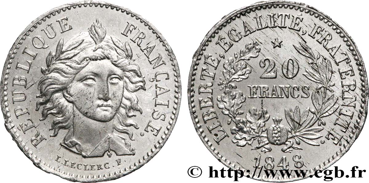 Concours de 20 francs, essai de Leclerc, premier concours 1848 Paris VG.3026 var q.SPL 