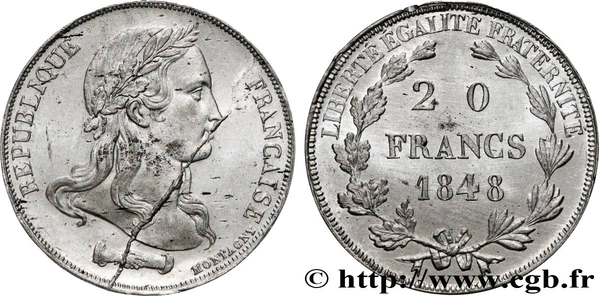 Concours de 20 francs, essai de Montagny, buste nu 1848 Paris VG.3034 var SUP+ 