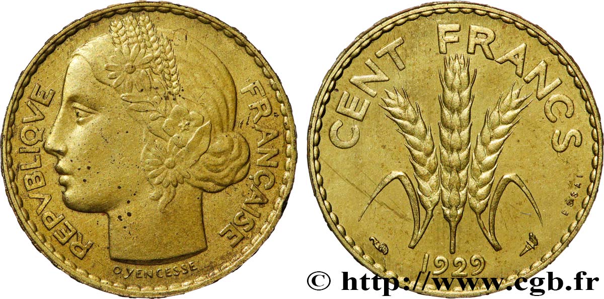 Concours de 100 francs or, essai de Yencesse en bronze-aluminium 1929 Paris GEM.285 4 MS 