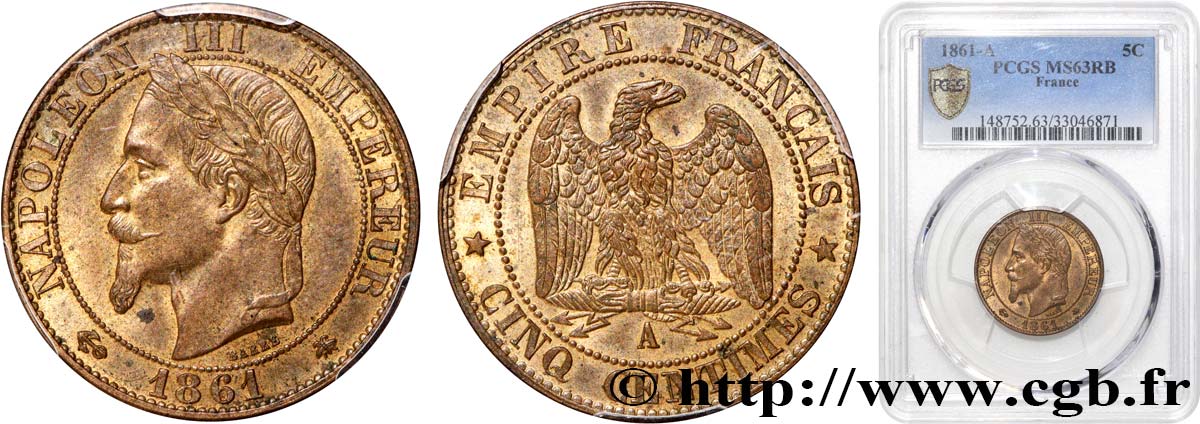 Cinq centimes Napoléon III, tête laurée 1861 Paris F.117/4 SPL63 PCGS