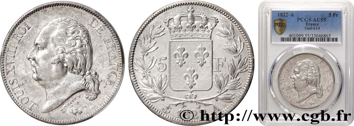 5 francs Louis XVIII, tête nue 1822 Paris F.309/68 AU55 PCGS