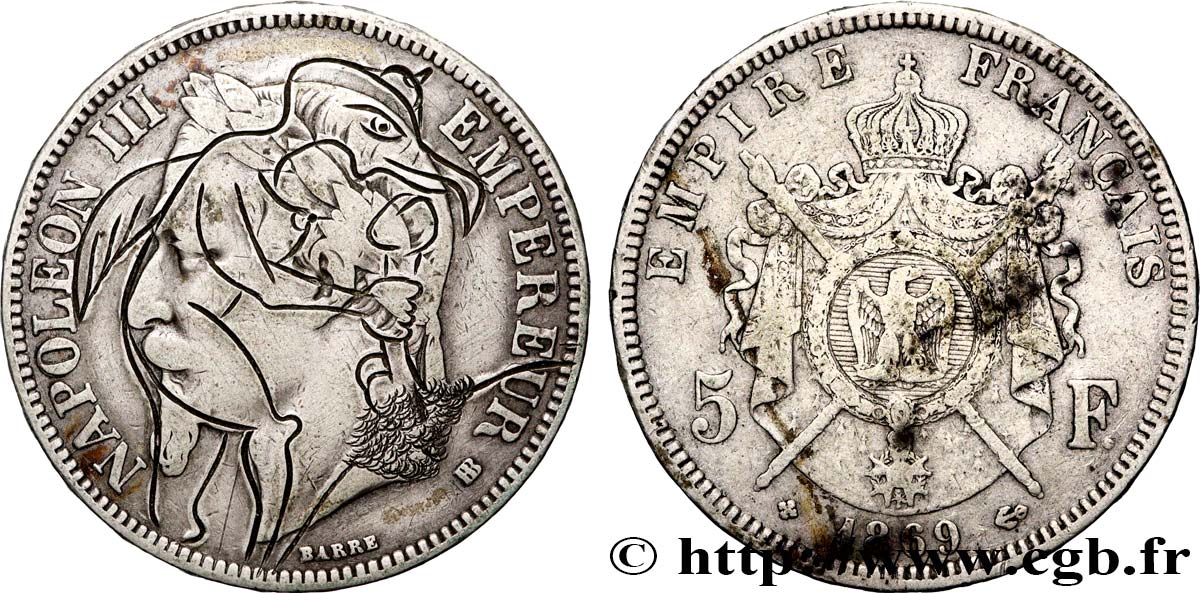 5 francs Napoléon III, tête laurée, regravé 1869 Strasbourg F.331/15 var. TB 