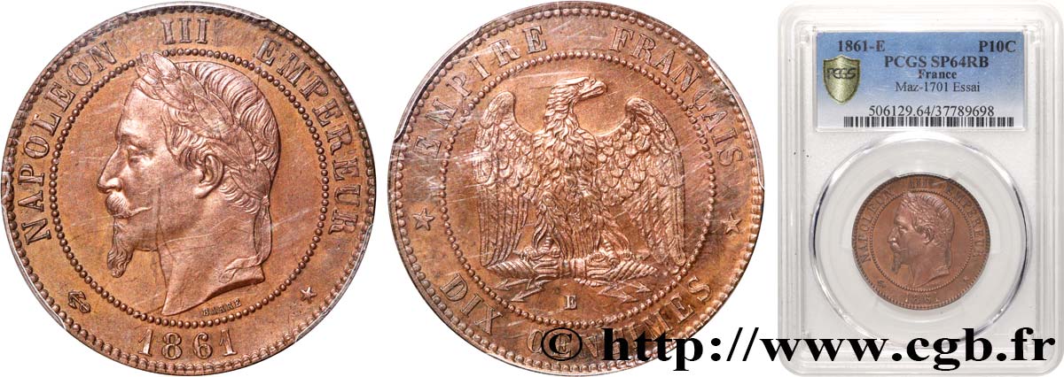 Essai de dix centimes Napoléon tête laurée, variante avec l’étoile 1861 Paris Maz.1701  SPL64 PCGS