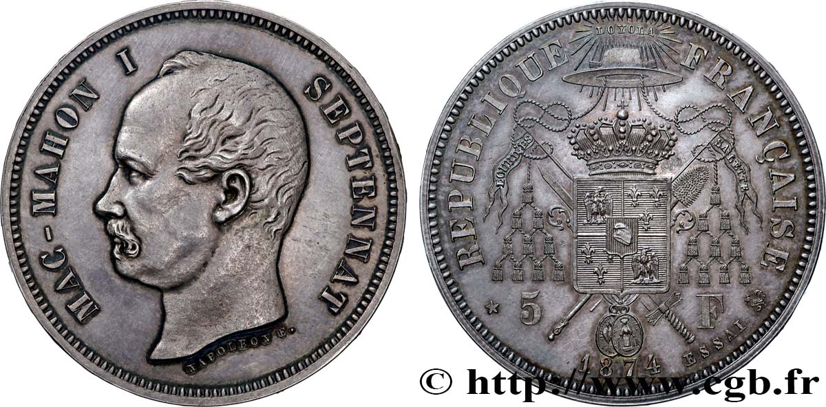Module de 5 francs Mac-Mahon, pièce satirique en argent - Essai 1874 Bruxelles GEM.130 10 VZ+ 
