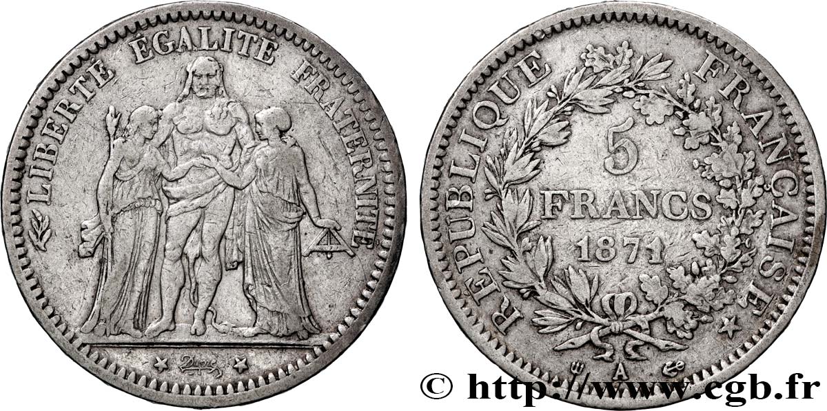 5 francs Hercule, dite “Camélinat” 1871 Paris F.334/3 VF 