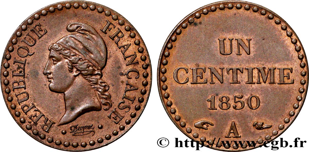 Un centime Dupré, IIe République 1850 Paris F.101/5 SUP62 