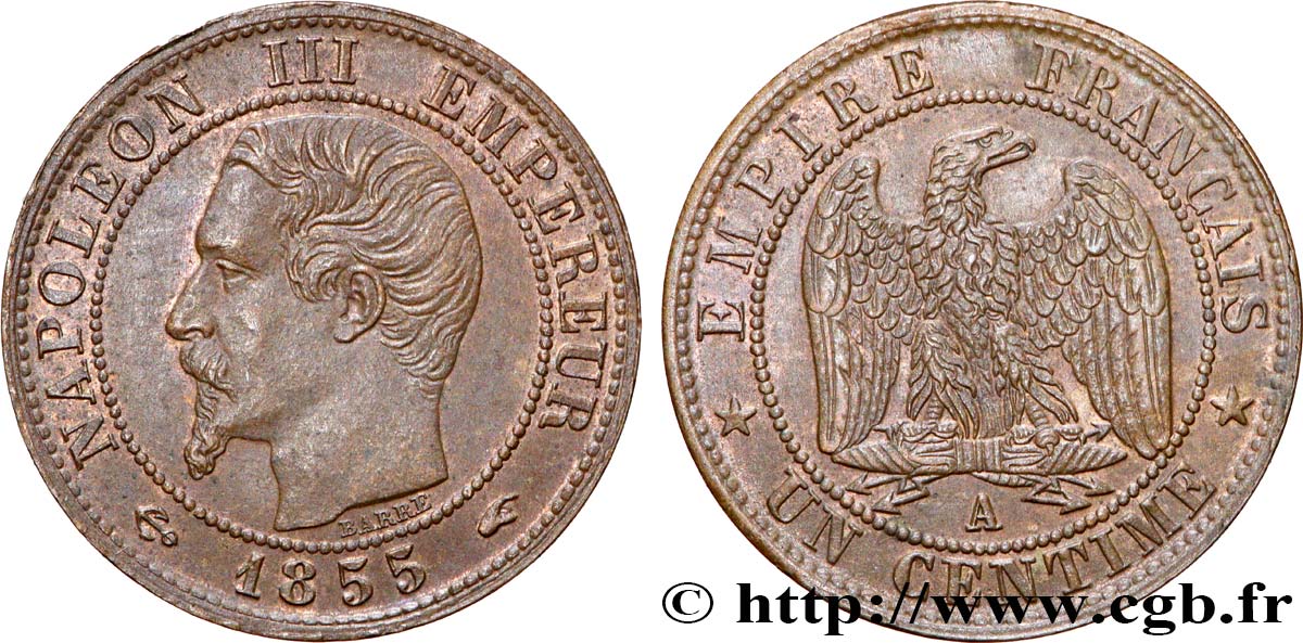 Un centime Napoléon III, tête nue, différent ancre 1855 Paris F.102/16 SUP58 