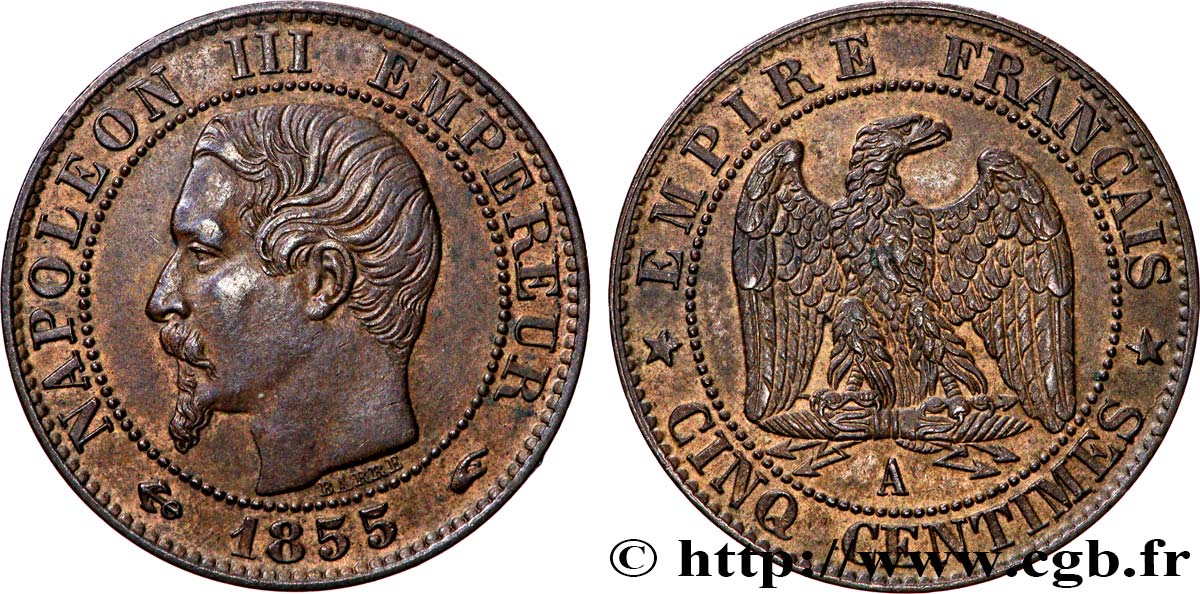 Cinq centimes Napoléon III, tête nue 1855 Paris F.116/17 EBC55 