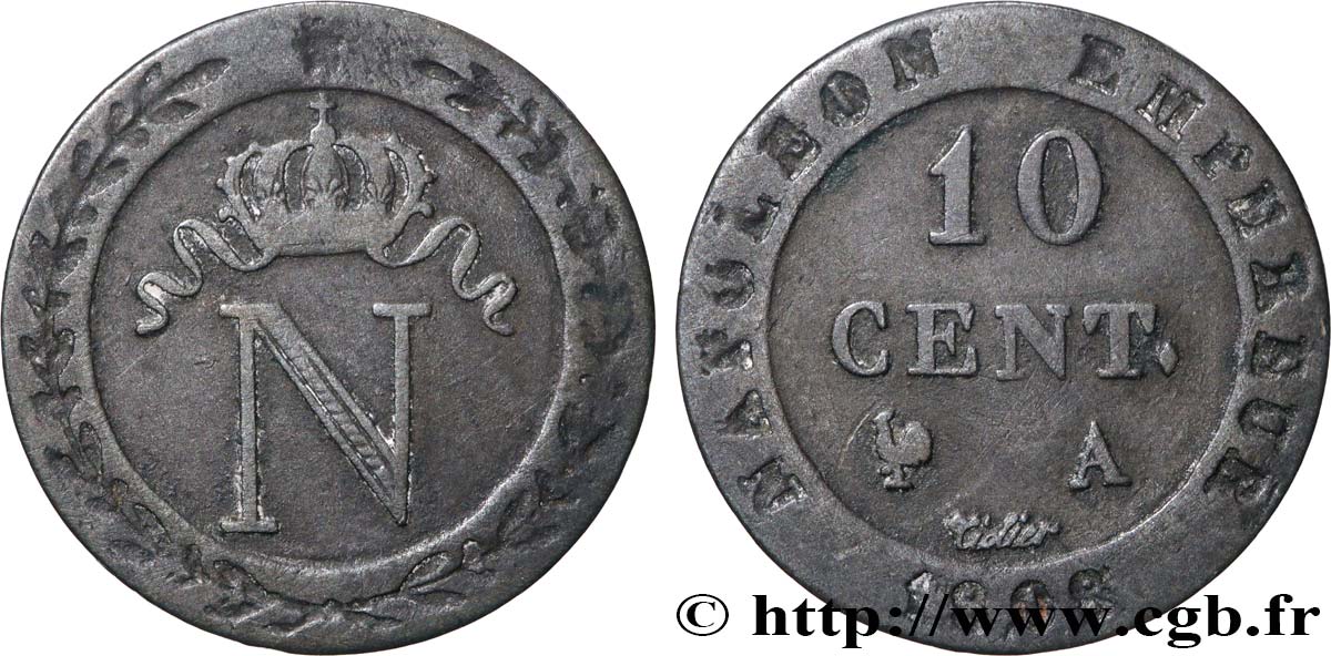 10 cent. à l&nbsp;N couronnée, frappe médaille 1808 Paris F.130/2 var. TB+ 