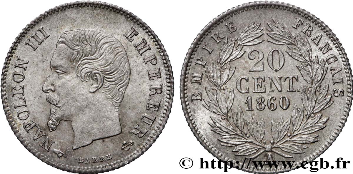 20 centimes Napoléon III, tête nue 1860 Paris F.148/14 SPL63 