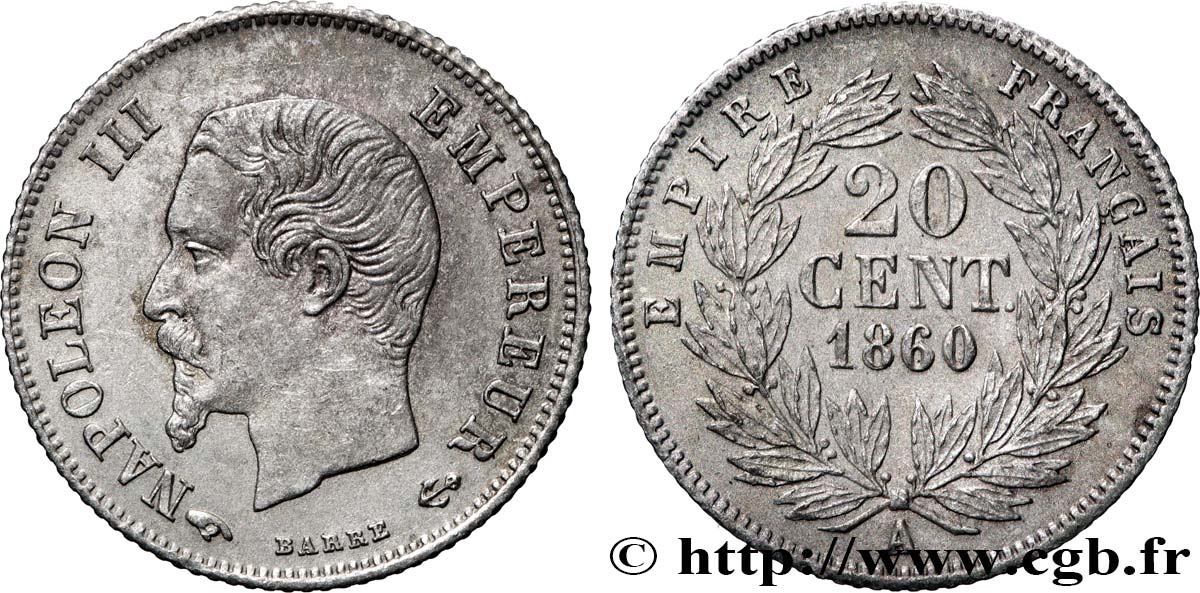 20 centimes Napoléon III, tête nue 1860 Paris F.148/14 VZ+ 