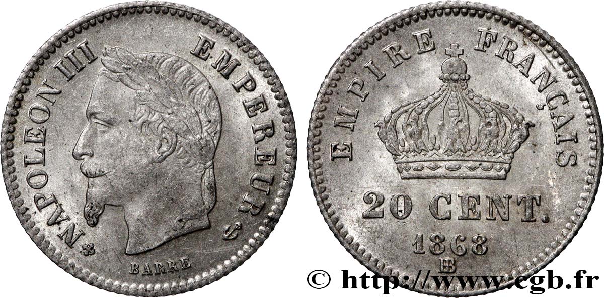 20 centimes Napoléon III, tête laurée, grand module 1868 Strasbourg F.150/5 SUP60 