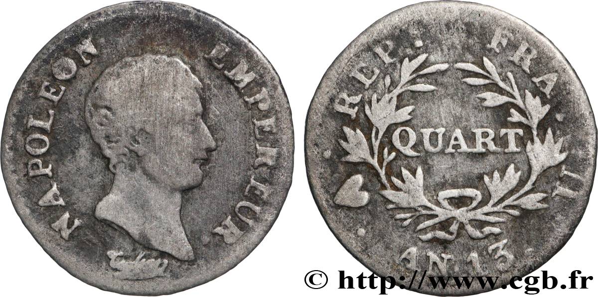 Quart (de franc) Napoléon Empereur, Calendrier révolutionnaire 1805 Turin F.158/17 F 