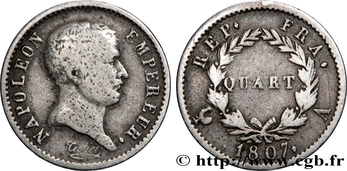 Quart (de franc) Napoléon Empereur, tête de nègre 1807 Paris F.160/1 S 
