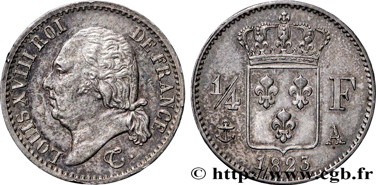 1/4 franc Louis XVIII 1823 Paris F.163/24 SUP58 